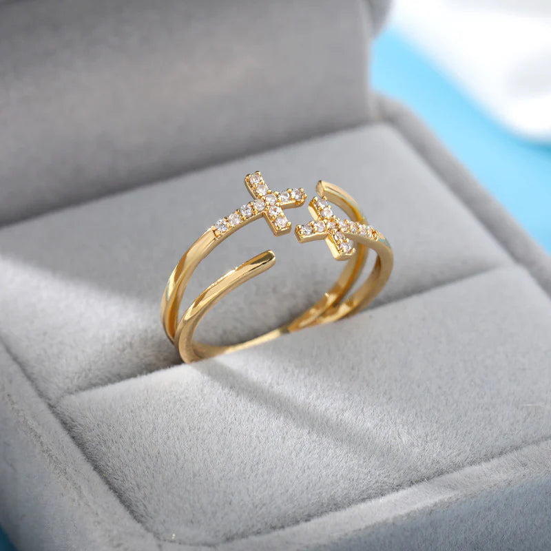 18K Gold-plated Full Diamond Titanium Steel Colorfast Open Ring For Women