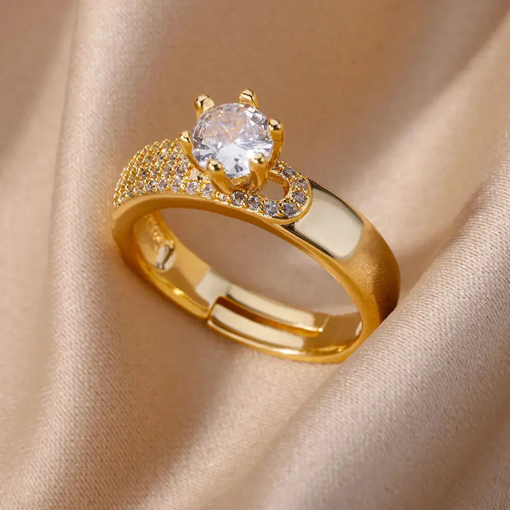 18K Gold-plated Full Diamond Titanium Steel Colorfast Open Ring For Women