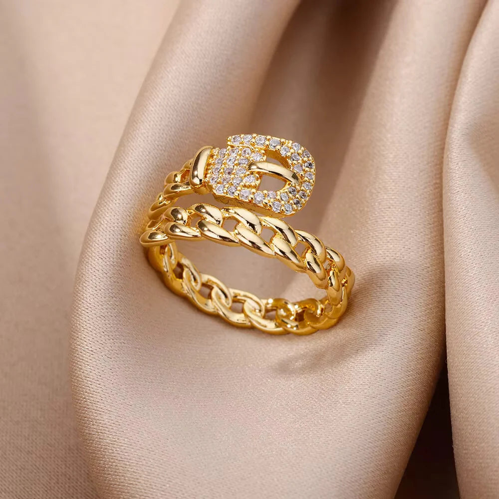18K Gold-plated Full Diamond Titanium Steel Colorfast Open Ring For Women