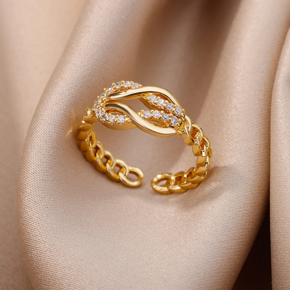 18K Gold-plated Full Diamond Titanium Steel Colorfast Open Ring For Women