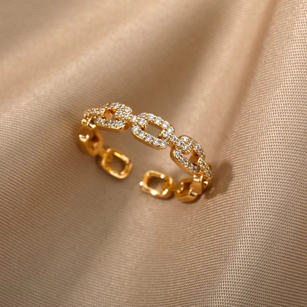 18K Gold-plated Full Diamond Titanium Steel Colorfast Open Ring For Women