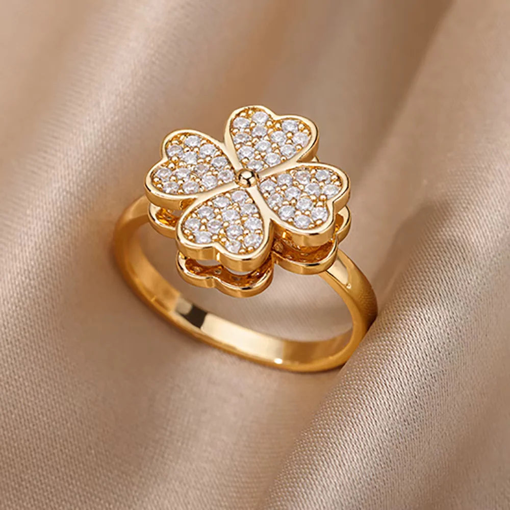 18K Gold-plated Full Diamond Titanium Steel Colorfast Open Ring For Women