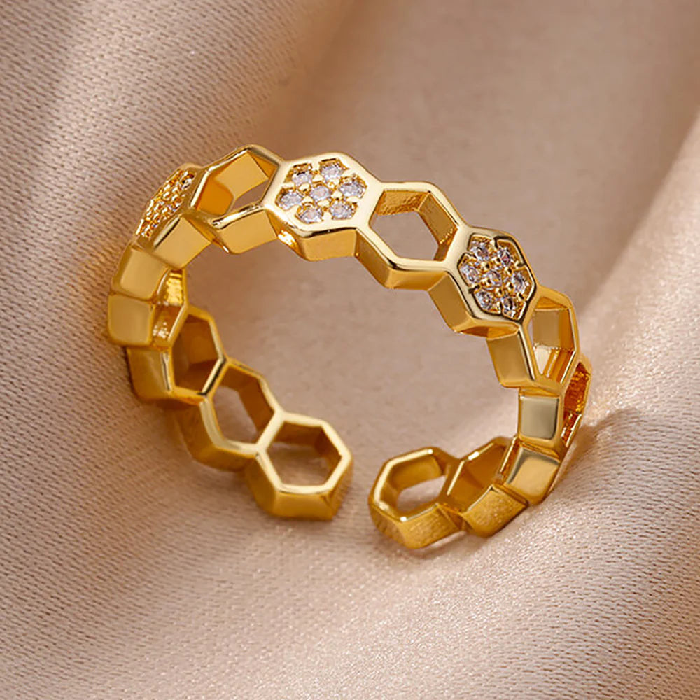 18K Gold-plated Full Diamond Titanium Steel Colorfast Open Ring For Women