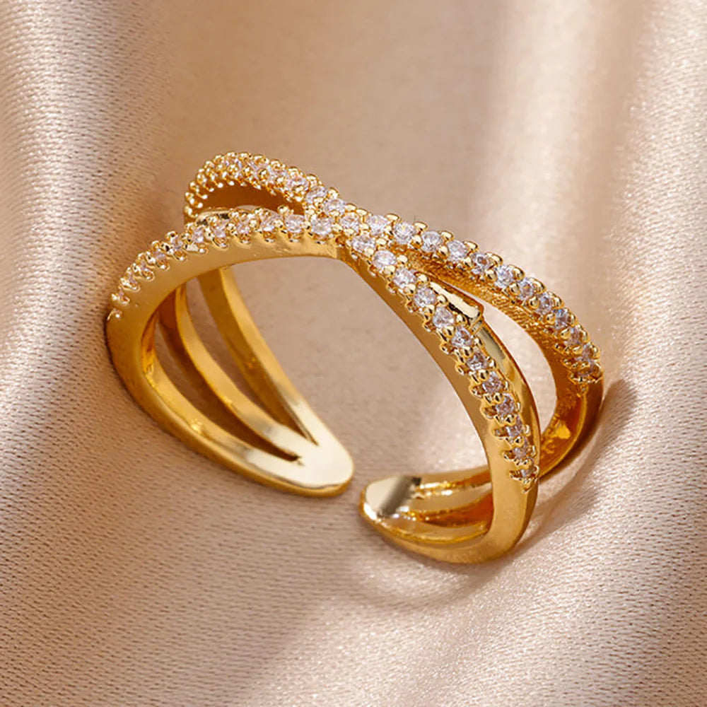 18K Gold-plated Full Diamond Titanium Steel Colorfast Open Ring For Women