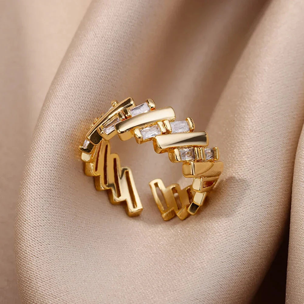 18K Gold-plated Full Diamond Titanium Steel Colorfast Open Ring For Women