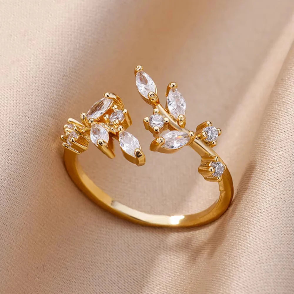 18K Gold-plated Full Diamond Titanium Steel Colorfast Open Ring For Women