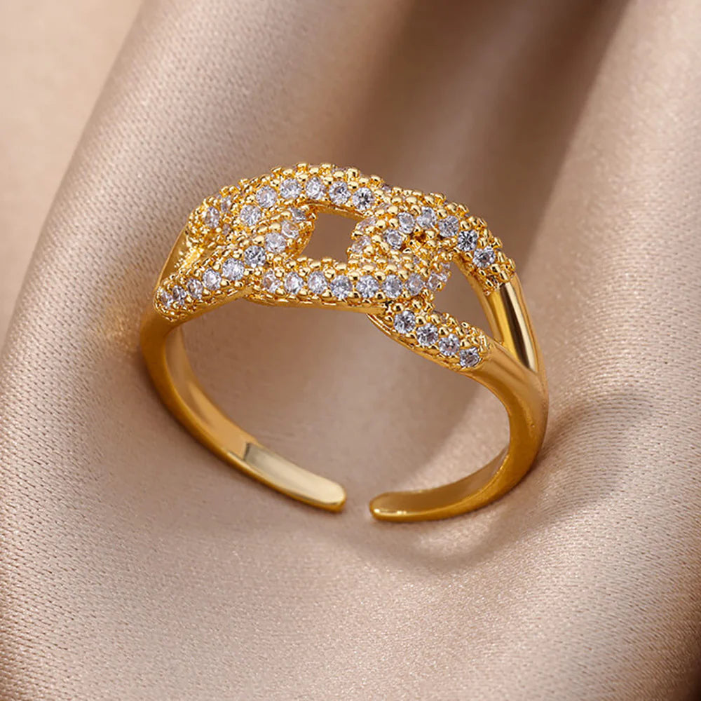 18K Gold-plated Full Diamond Titanium Steel Colorfast Open Ring For Women