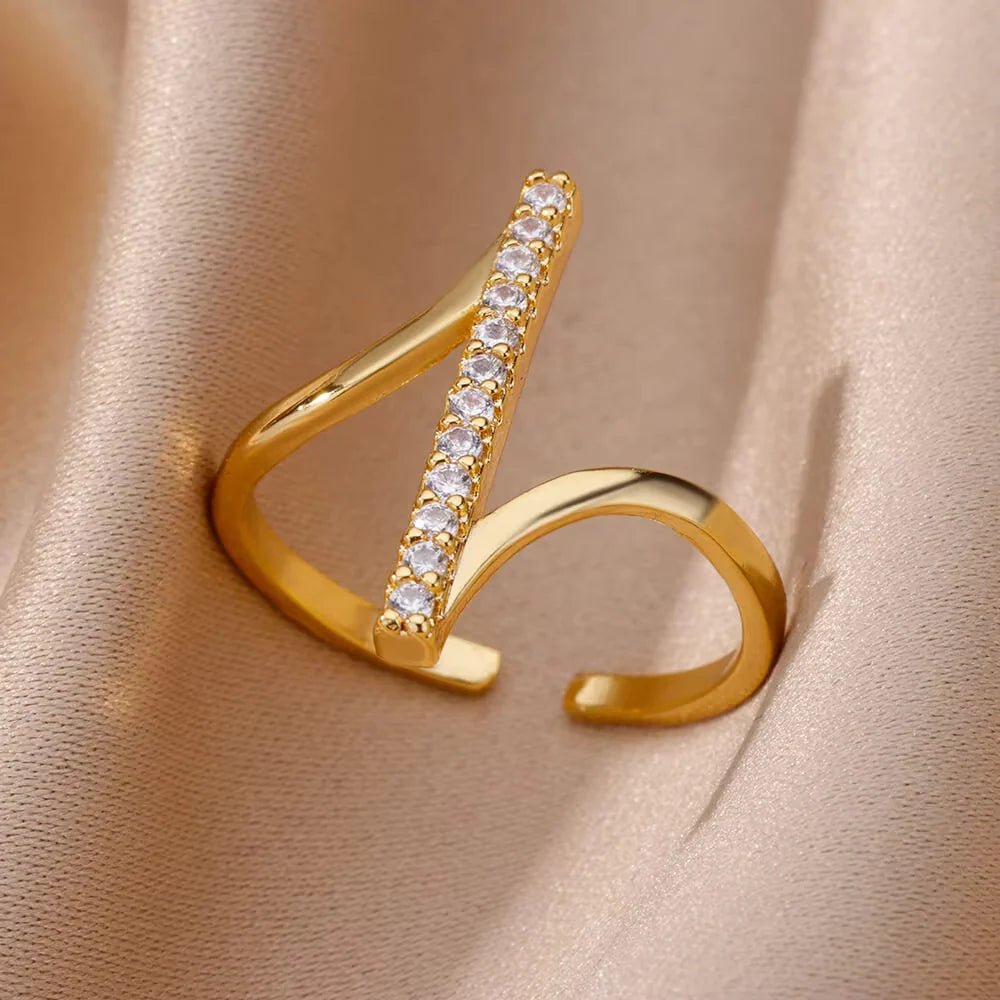 18K Gold-plated Full Diamond Titanium Steel Colorfast Open Ring For Women