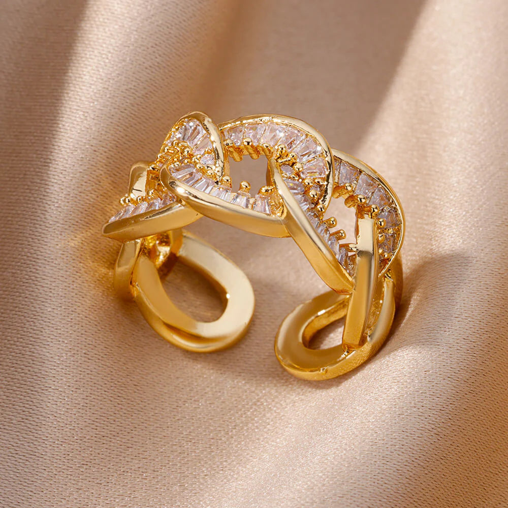 18K Gold-plated Full Diamond Titanium Steel Colorfast Open Ring For Women