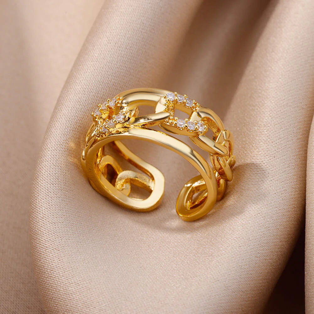 18K Gold-plated Full Diamond Titanium Steel Colorfast Open Ring For Women