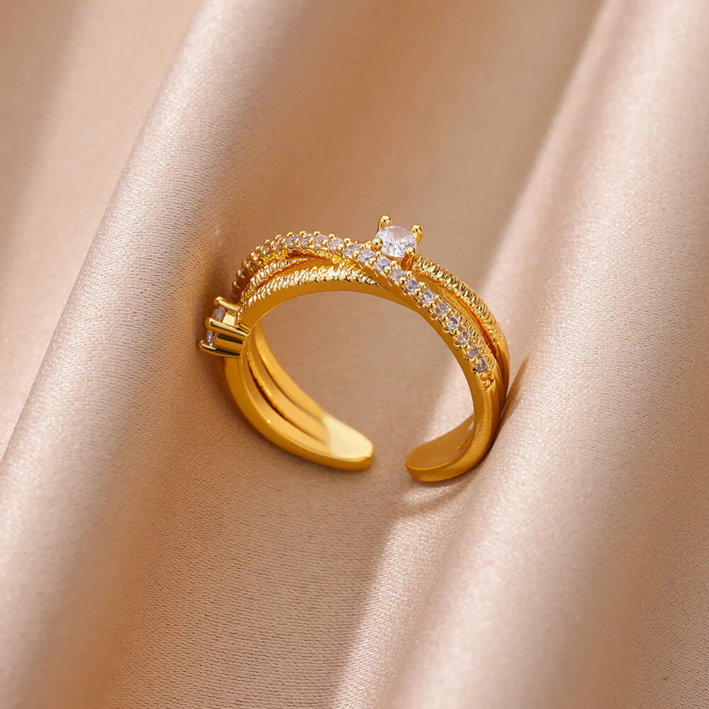 18K Gold-plated Full Diamond Titanium Steel Colorfast Open Ring For Women