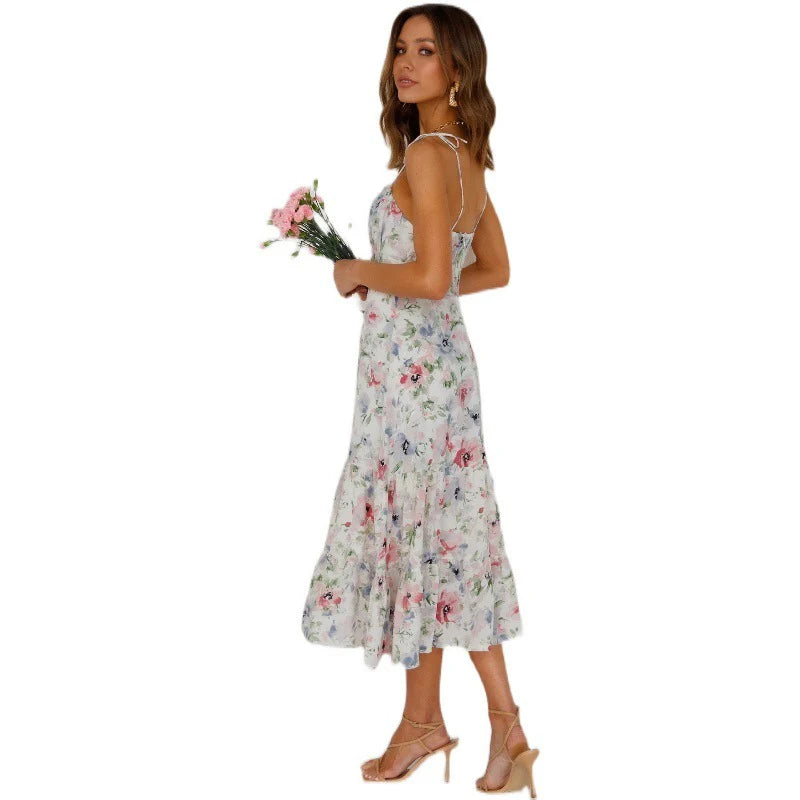 Mature Suspender Type Sweet Green Print Small Dress