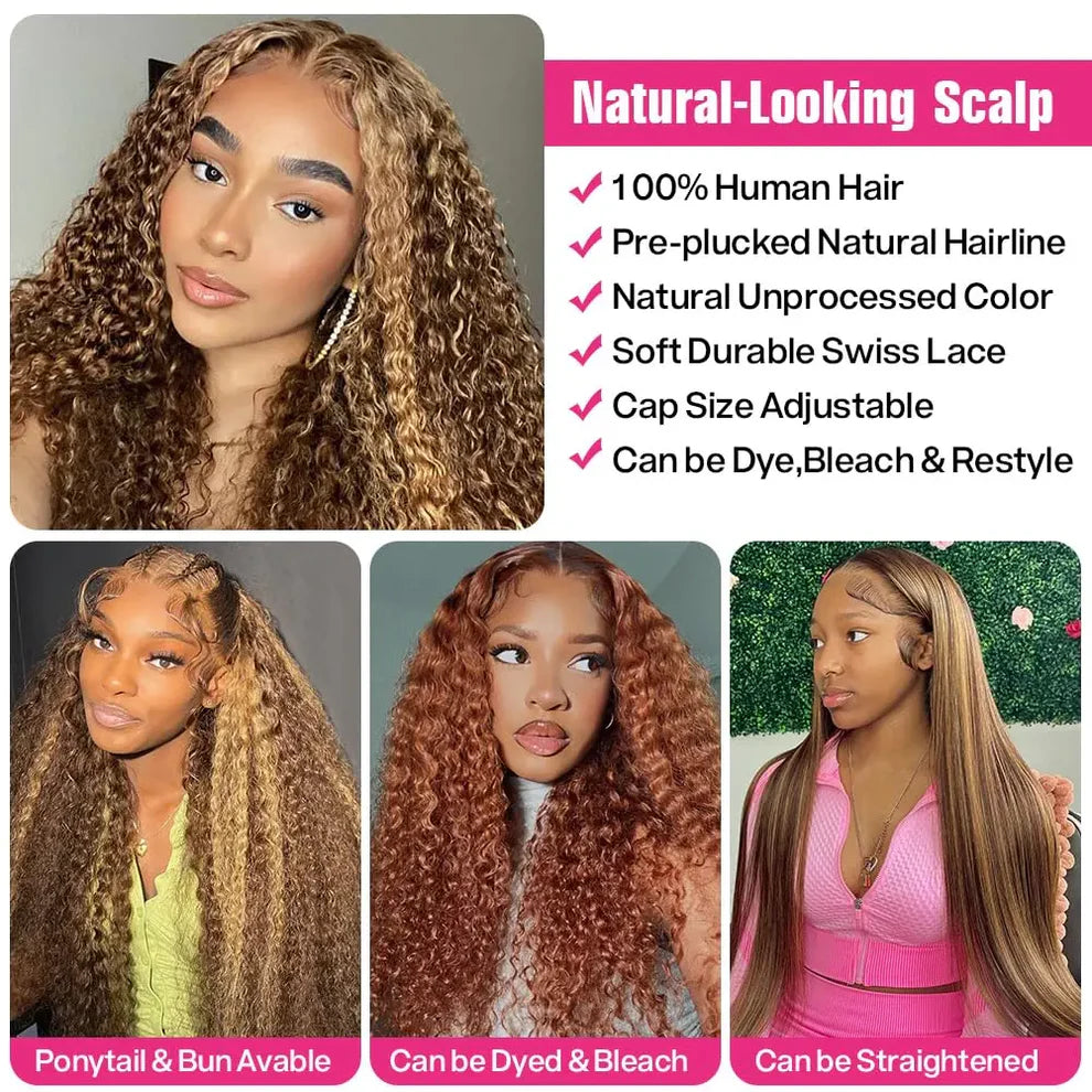 Highlight 13x6 Lace Frontal Wig Human Hair Brazilian Curly Wigs For Women Deep Water Wave HD Lace Wig Transparent Colored Hair